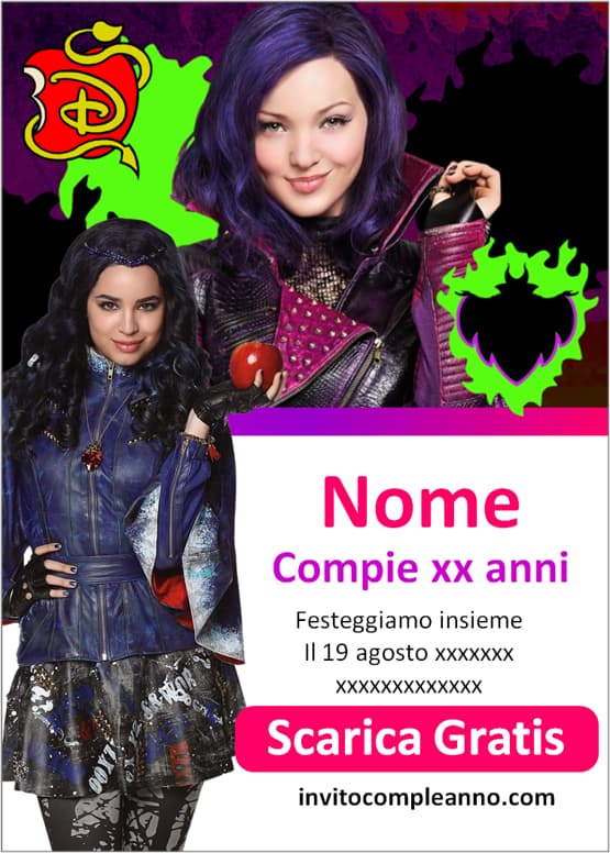 biglietto invito compleanno Descendants Mal