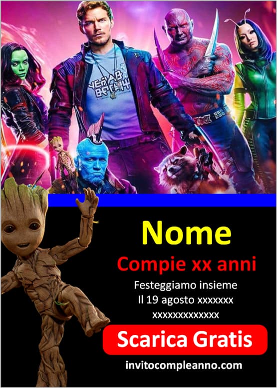 biglietto di invito compleanno Guardiani della Galassia