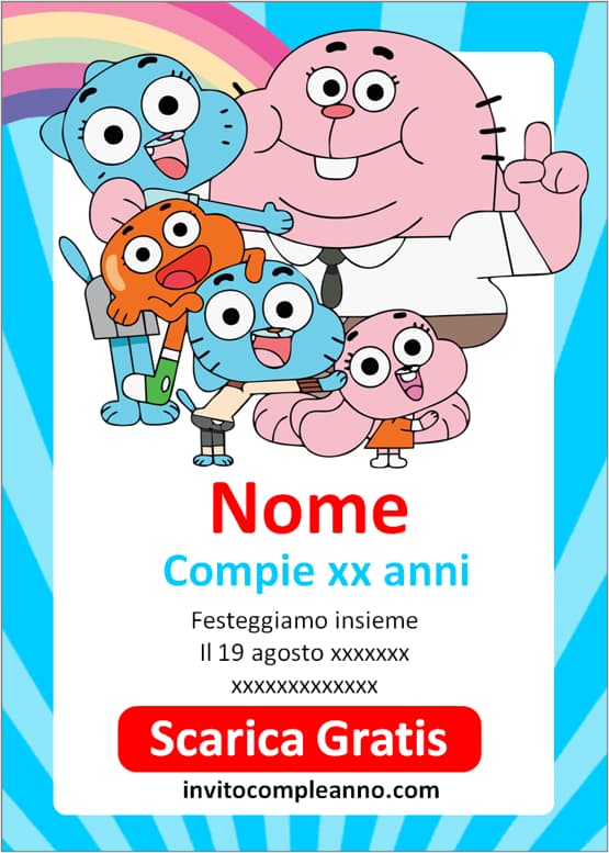 invito di compleanno tema mondo di Gumball